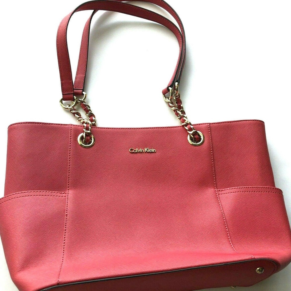 Calvin Klein Pink Chain Leather Tote Handbag Purse